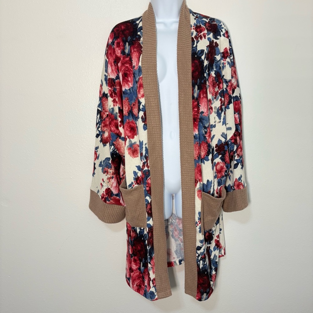 White Birch Floral Open Front Cardigan with Pockets Brown Trim SzM Cozycore Boho